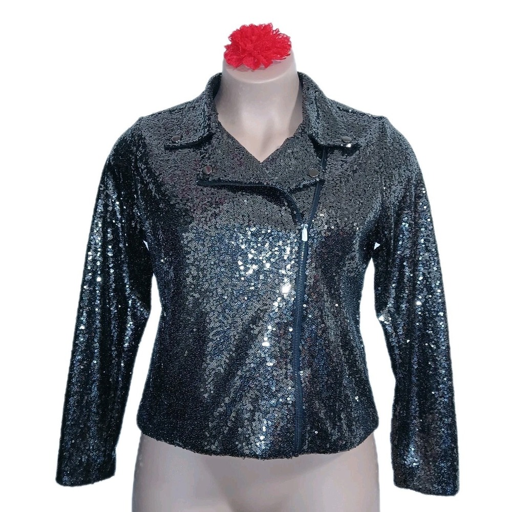 Colleen Lopez Women Luxe Sequins Moto Jacket M Pewter Biker Party Holiday Magic